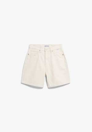 Creme-kleurige denimshorts met een rechte pijp, vijf zakken, metalen knoopsluiting en subtiele stikdetails.