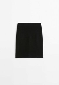 Jupe crayon noire avec une texture lisse, une forme droite, sans matériel visible ni accents, convenant à diverses occasions.