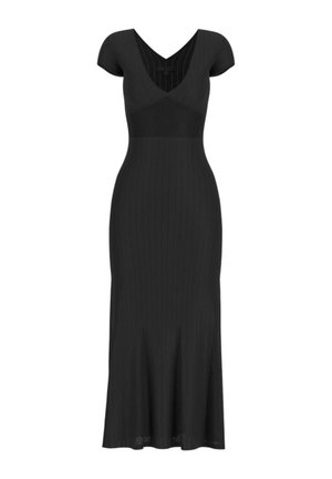 Abito midi nero aderente con maniche corte, scollo a V e sottile trama a coste verticali.
