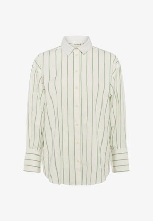 Camicia a maniche lunghe con bottoni in cotone bianco a righe verdi verticali. Presenta un colletto classico e maniche con polsini decorati da dettagli a righe.