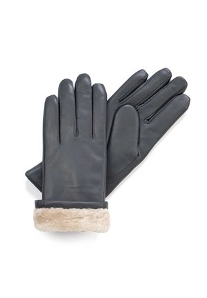 Black leather gloves featuring a soft faux fur cuff, with a sleek design and exposed stitching detailing on the fingers.