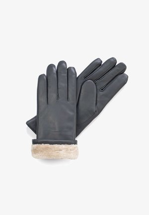 Black leather gloves featuring a soft faux fur cuff, with a sleek design and exposed stitching detailing on the fingers.