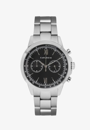 Reloj de acero inoxidable plateado con una esfera negra, marcadores en números romanos y dos subesferas, que incluye un tacómetro y un bisel pulido.