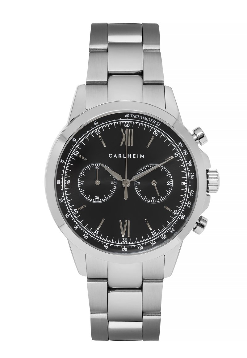 Silberner Edelstahl-Uhr mit schwarzem Zifferblatt, römischen Ziffern und zwei Unterdials, ausgestattet mit einem Tachymeter und einer polierten Lünette.