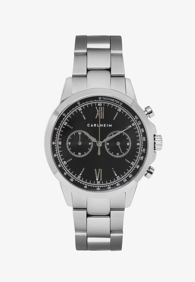 Reloj de acero inoxidable plateado con una esfera negra, marcadores en números romanos y dos subesferas, que incluye un tacómetro y un bisel pulido.