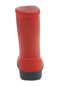 Roter Gummistiefel mit strukturierter schwarzer Sohle, glattem Schaft und abgerundetem Schaftabschluss. Verfügt über ein kleines Logo an der Seite.