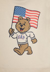 Bēšā džemperī ir attēlots multfilmu lācis, kas tur Amerikas karogu, ar "GAP" uzrakstu zila un sarkana krāsā lāča džemperī.