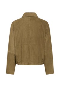 Rjava antilopska jakna z dolgimi rokavi in ovratnikom, prikazana od zadaj na belem ozadju.