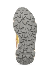 Sole di sneaker con un motivo di battistrada grigio e resistente caratterizzato da forme triangolari; accenti chiari lungo i lati. Materiale in gomma testurizzato.