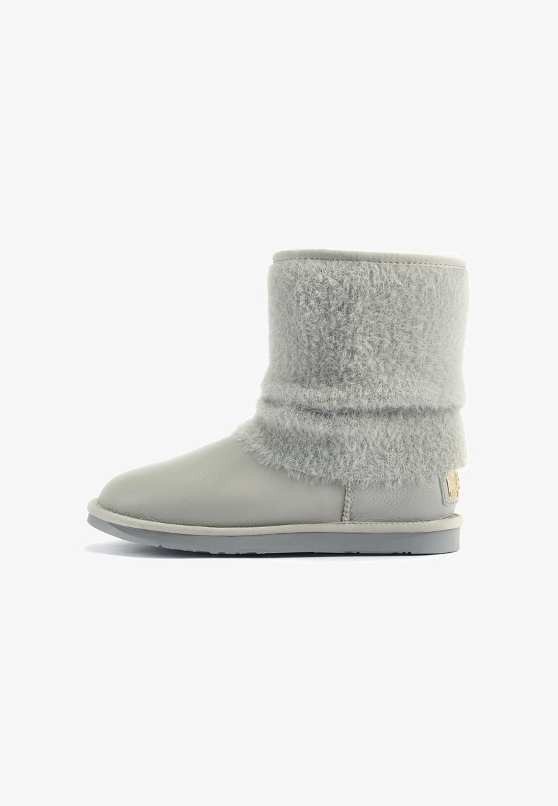 Grå ankelboot av slätt läder med en fluffig pälsövre krage och en platt gummisula, med en liten metalllogotyp som accent.