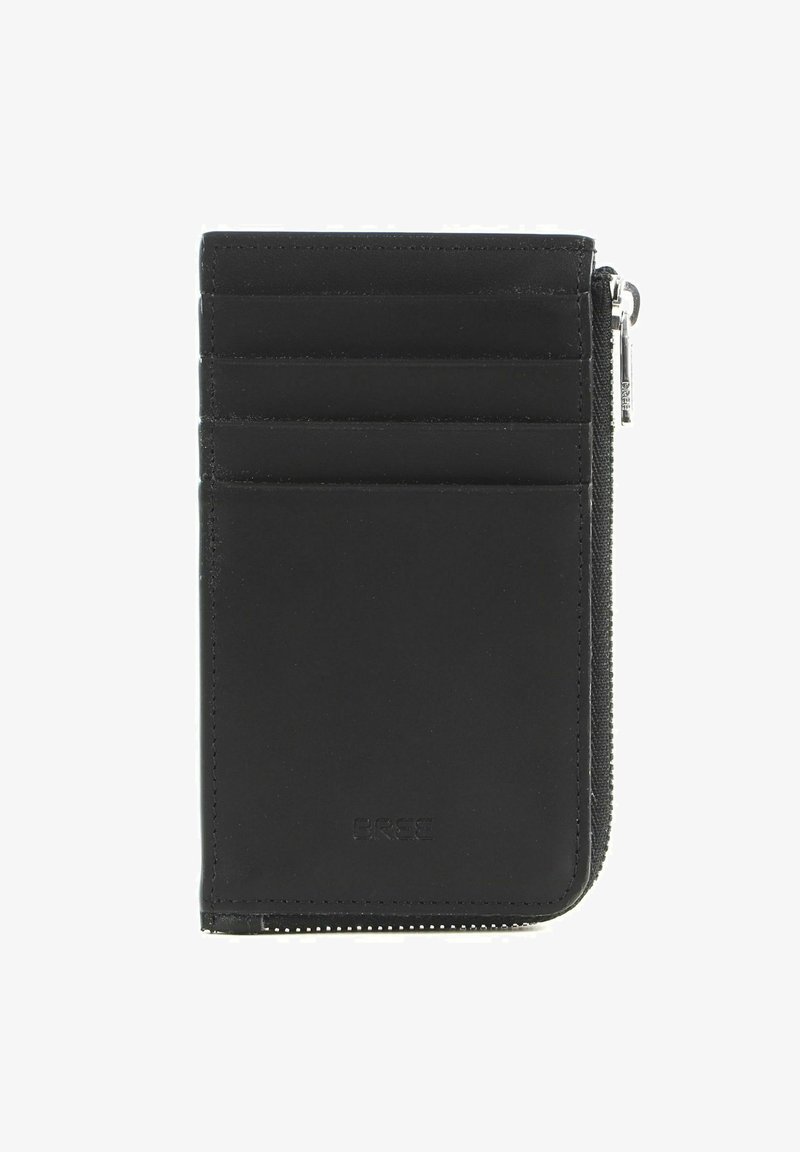 Zwarte leren portemonnee met ritssluiting, meerdere kaartsleuven, gladde textuur, rechthoekige vorm en een verhoogd merkteken aan de voorkant.