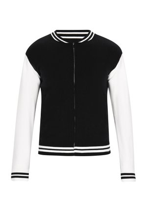 Czarna i biała kurtka rozpinana z prążkowanym kołnierzem i mankietami. Posiada solidną czarną część główną oraz białe rękawy z podwójnymi paskami. Miękka tkanina.