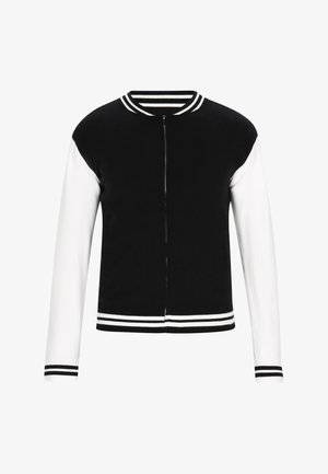 Czarna i biała kurtka rozpinana z prążkowanym kołnierzem i mankietami. Posiada solidną czarną część główną oraz białe rękawy z podwójnymi paskami. Miękka tkanina.