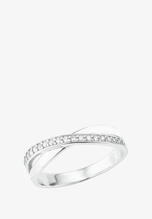 Silver ring featuring a twisted design with a row of small, clear gemstones along the outer edge, polished finish, and smooth texture.