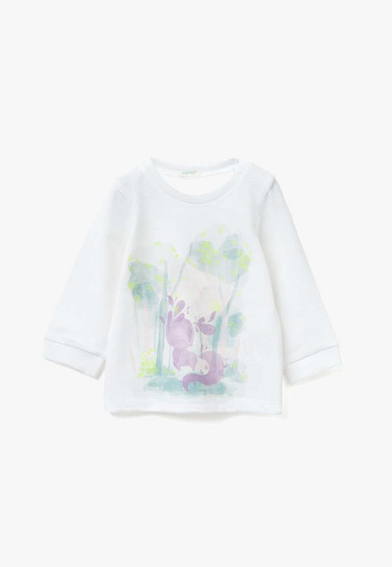 Biała koszula z długim rękawem o miękkiej fakturze, z pastelowym nadrukiem akwarelowym przedstawiającym zabawne zwierzęta i zielone liście.