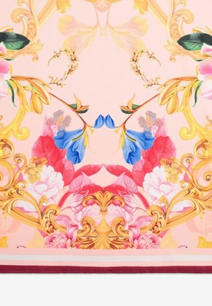 Blumiges Seidentuch mit komplexen goldenen Barockmustern. Die Farben umfassen Pink, Blau und Grün, mit einer glänzenden Textur und detaillierten Motiven.