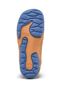Suola della scarpa con una base in gomma blu e dettagli beige, caratterizzata da motivi testurizzati e scanalature per trazione e flessibilità.