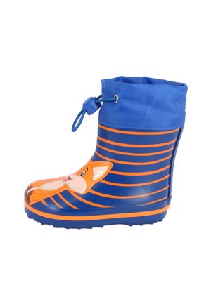 Botte de pluie en caoutchouc bleu avec des rayures horizontales orange et un graphique de renard cartoon à l'avant. Comprend un cordon de serrage ajustable en haut.