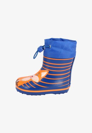 Blaue Gummiregenstiefel mit orangefarbenen horizontalen Streifen und einem Cartoon-Fuchs-Graphic auf der Vorderseite. Mit verstellbarem oberen Zugband.
