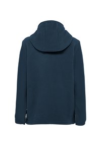 Felpa con cappuccio in pile blu navy, con cappuccio foderato, maniche lunghe e senza hardware visibile. Texture liscia e taglio atletico con fessure laterali sull'orlo.