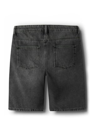 Black denim shorts featuring a classic fit with two back pockets, visible stitching, and a straight hemline. Textured fabric with slight fade.