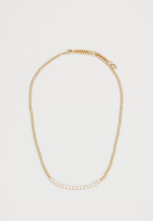 Zelta ķēdes kaklarota ar elegantu, teksturētu dizainu un rindu apaļo, caurspīdīgo rhinestone. Regulējams aizdare drošai piegulšanai.