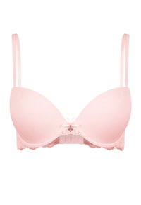 Light pink padded bra with adjustable straps, lace trim at the band, and a floral accent at the center. Smooth fabric texture.