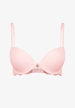 Light pink padded bra with adjustable straps, lace trim at the band, and a floral accent at the center. Smooth fabric texture.