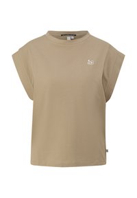 T-shirt court marron clair avec des manches courtes et larges, un col rond et un petit nuage brodé sur la poitrine.