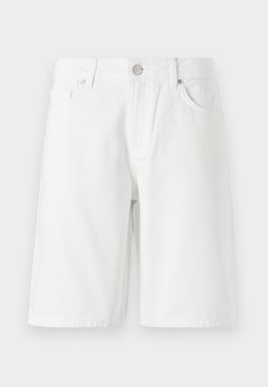 Hvit denimshorts med fem lommer, med glidelås foran, knappelukking og rett snitt. Jevn tekstur, knelang.