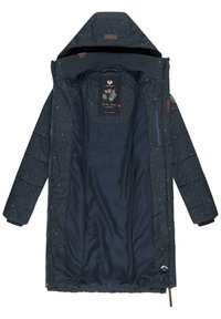 Marineblå pufferjakke med prikket mønster, der har lynlås, elastiske manchetter og hætte foret med fleece. Indvendigforing er ensfarvet marineblå.