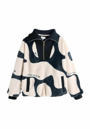 Fleece-Pullover mit hohem Kragen, schwarz-creamfarbener abstrakter Musterung, halbem Reißverschluss vorne, geripptem Saum und Bündchen sowie seitlichen Taschen.