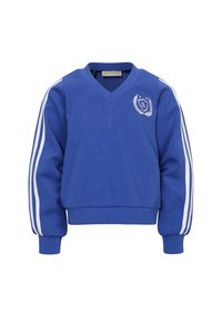 Blauwe trui met V-hals, witte strepen op de mouwen en een geborduurd embleem met een schild en lauwerkrans op de borst.