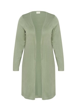 Cardigan deschis, cu mâneci lungi, de culoare verde deschis, cu tiv drept și textură moale din tricot.