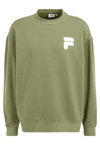 Sudadera verde oliva con cuello redondo, mangas largas, puños acanalados y un logotipo blanco de felpa bordado en el lado izquierdo del pecho.