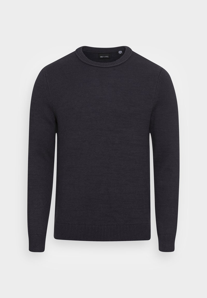 Pull bleu marine foncé en maille côtelée. Il présente un col rond et des manches longues avec des poignets et un ourlet côtelés. Design simple et uni.