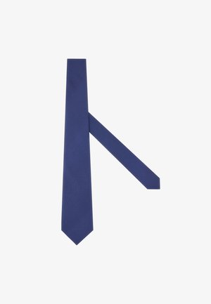 Námořnická modrá kravata s texturovaným vzorem, úzký design, špičatý konec a kontrastní tkaná ozdoba na zadní straně úzkého konce.