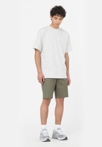 Grå t-shirt med kort ärm i kombination med olivgröna shorts. Modellen bär vita strumpor och grå sneakers med vit sula. Avslappnad, lös passform.