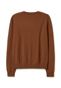 Brauner langärmeliger Rundhalsausschnitt-Pullover mit gerippten Bündchen und Saum, von hinten vor einem weißen Hintergrund gezeigt.