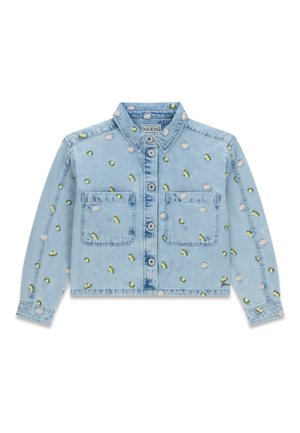 Veste en denim bleu clair à manches longues, boutonnée à l'avant, avec deux poches poitrine et des marguerites blanches brodées ainsi que des bourgeons verts partout.