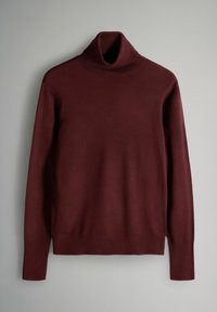 Burgundia värvi kõrge kaelusega sviiter, mis on valmistatud pehmest kudumismaterjalist. Esitleb pikki varrukaid ja soonikkoes kaelust. Sile tekstuur, minimaalse detailidega.