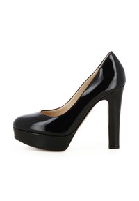 Scarpa nera in pelle verniciata con tacco alto, punta arrotondata, design con piattaforma e tacco a stiletto alto. Presenta una finitura liscia e lucida.