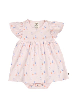 Light pink baby dress with flutter sleeves, small blue and orange animal patterns, and snap buttons at the shoulder and crotch for easy dressing.