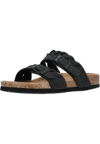 Schwarze Rutschsandalen mit geflochtenen Riemen, verstellbaren Schnallen und einer Korksohle. Strukturiertes Gummilaufsohle für besseren Halt.