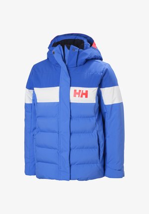 Blauwe gewatteerde jas met een capuchon. Heeft een witte horizontale streep en een rood logo op de borst. Gemaakt van duurzame, weerbestendige stof.