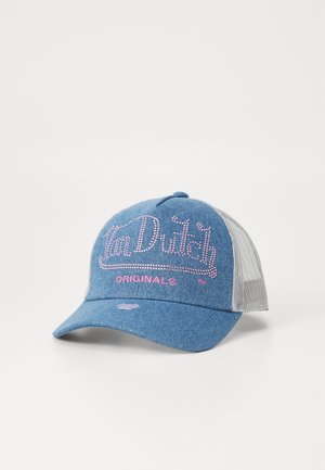Denim-basebollkeps med rosa rhinestones-logga, mesh-bak, böjd skärm och slitna detaljer på frontpanelen.