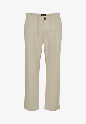 Pantaloni di cotone beige con una vestibilità rilassata, dotati di chiusura con bottone, vita con coulisse e due pieghe frontali per un tocco di dettaglio.