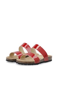 Rode gepatenteerde sandalen met twee brede banden, open teen, kurken voetbed en zwarte gestructureerde buitenzool. Heeft een gladde afwerking en een minimalistisch ontwerp.