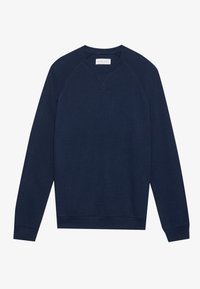 Navy blauwe sweatshirt gemaakt van zachte stof, met een ronde halslijn, ribgebreide cuffs en zoom, en raglanmouwen met minimale stikdetails.
