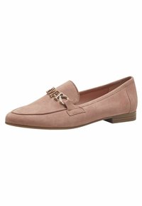 Light pink suede loafer with a low stacked heel and a decorative metal logo accent on the front. Smooth texture and classic shape.